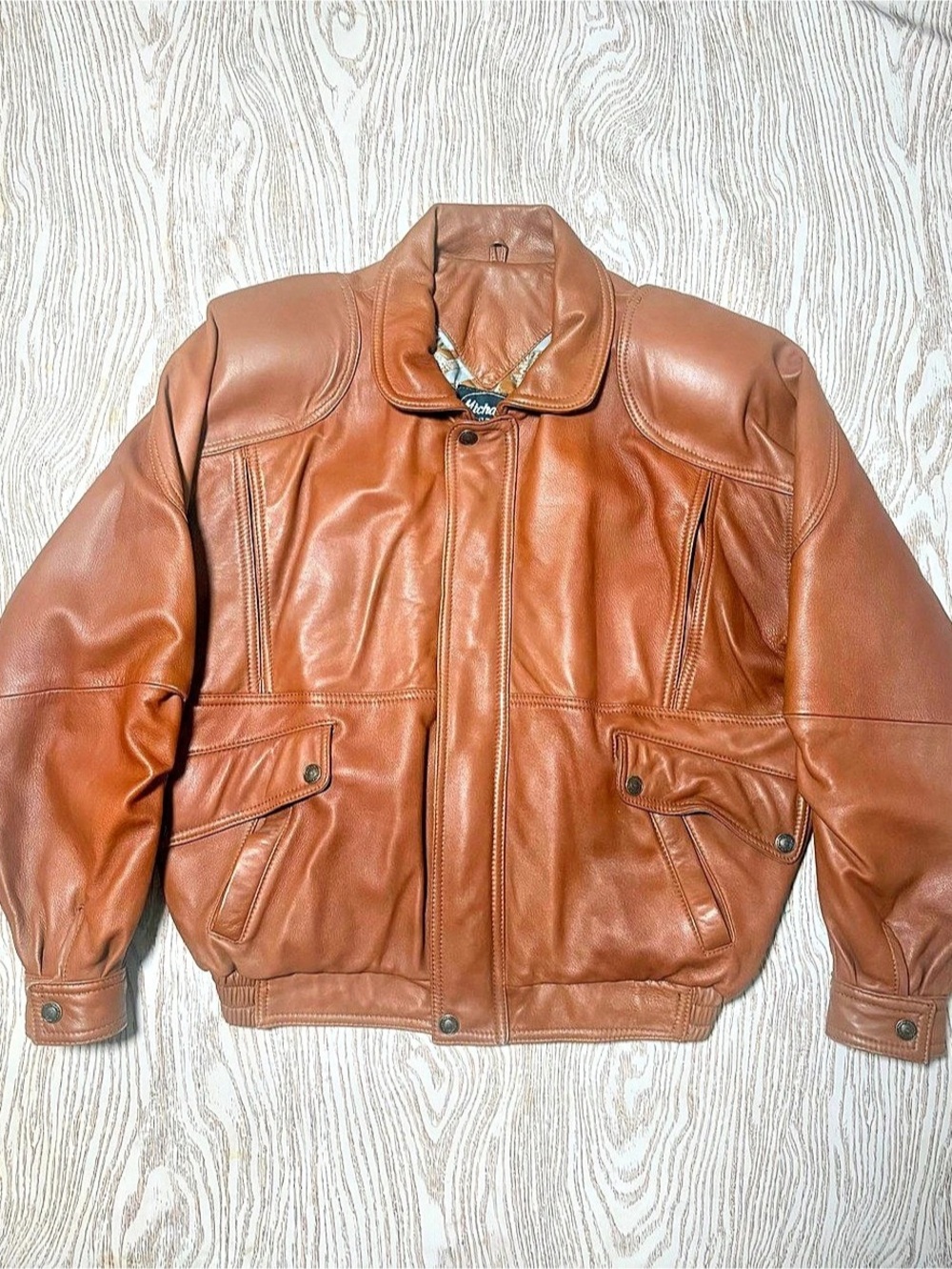 Vintage Michael's Leather Dressing Men XL Cognac Brown Flight Jacket Greece